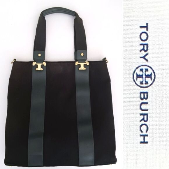 Tory Burch Nico Tall Tote Bag Blk Canvas Gold T Logo Lined 15X14 w Dustbag - Picture 1 of 13